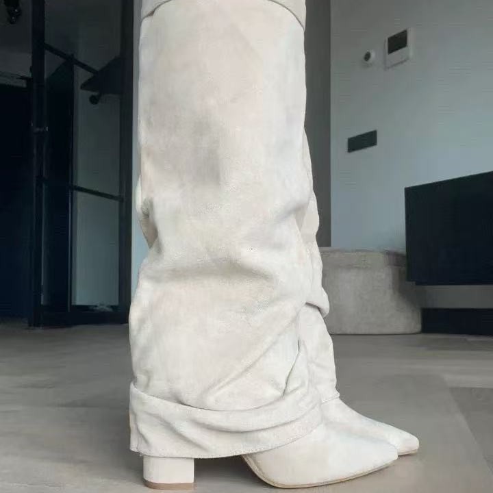 Pointed Toe Straight Tube Pleated Metal Buckle Mid-Calf Boots for Women, Chunky Heel Pipe Boots, Wide Size Available - Image 4
