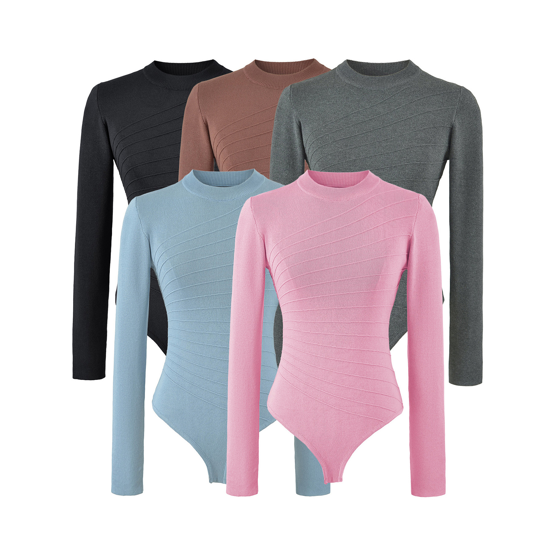 Herringbone Texture Long Sleeve Mock Neck Knit Bodysuit Women Slim Fit Base Layer - Image 2