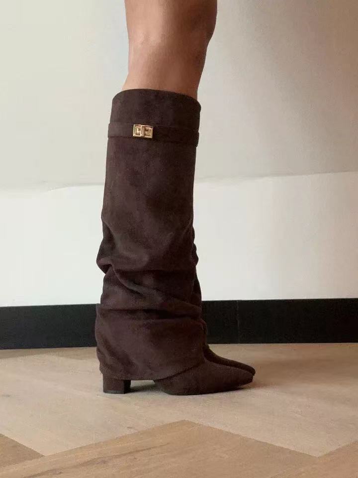 Pointed Toe Straight Tube Pleated Metal Buckle Mid-Calf Boots for Women, Chunky Heel Pipe Boots, Wide Size Available - Image 8