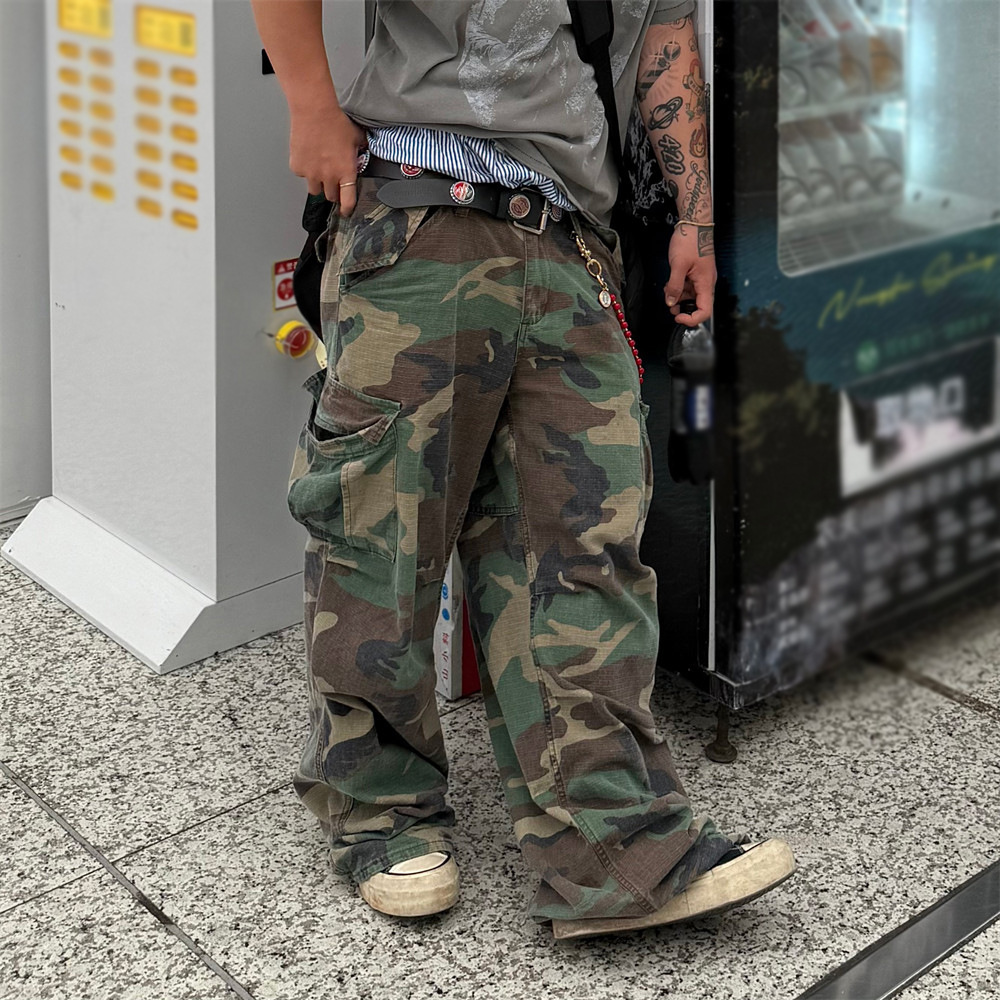 Vintage Camo Cargo Pants Men Wide Leg Straight Trousers - Image 2