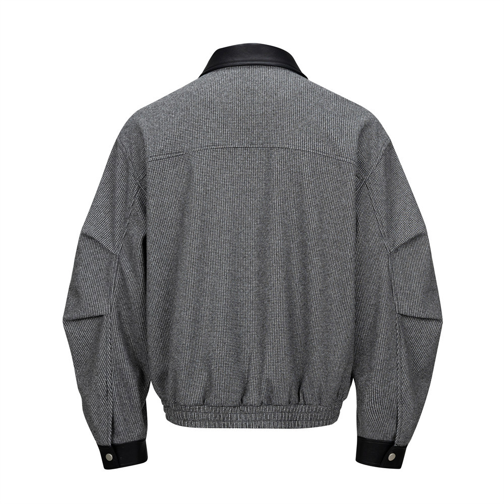 Men's Punk Style Houndstooth Color Block Long Sleeve Woolen Leather Patchwork Lapel Collar Pleated Oversized Jacket - Image 2