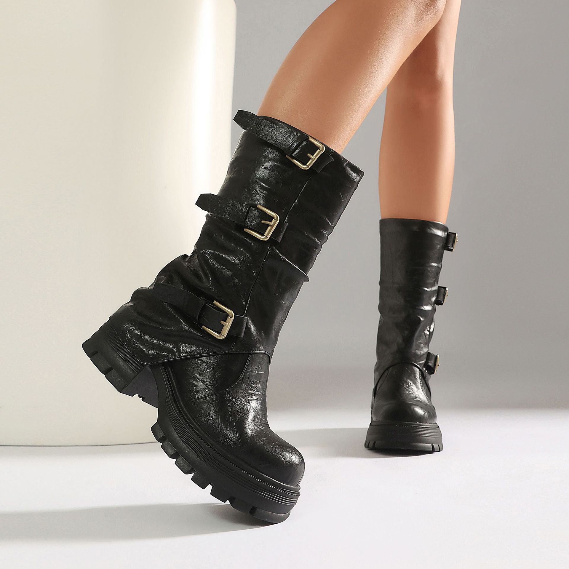 Thick Heel High Heel Women's Short Boots with Belt Buckle Slip-On Tube Boots - Image 4