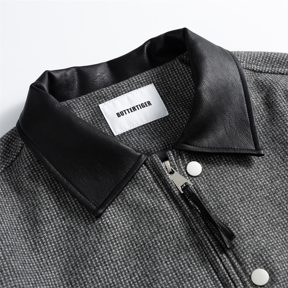 Men's Punk Style Houndstooth Color Block Long Sleeve Woolen Leather Patchwork Lapel Collar Pleated Oversized Jacket - Image 3