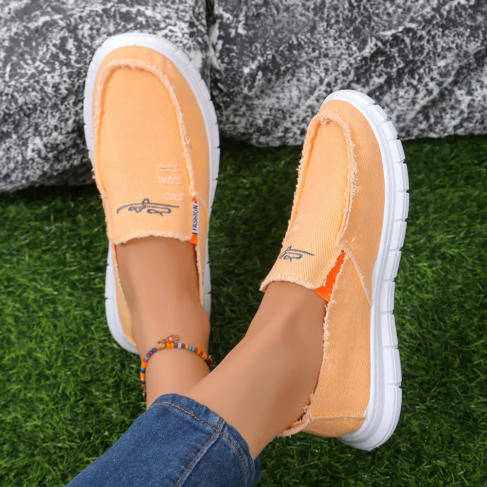 Raw Edge Round Toe Embroidery Flat Slip-Ons - Image 2
