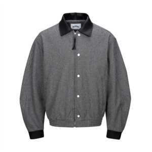 Men's Punk Style Houndstooth Color Block Long Sleeve Woolen Leather Patchwork Lapel Collar Pleated Oversized Jacket