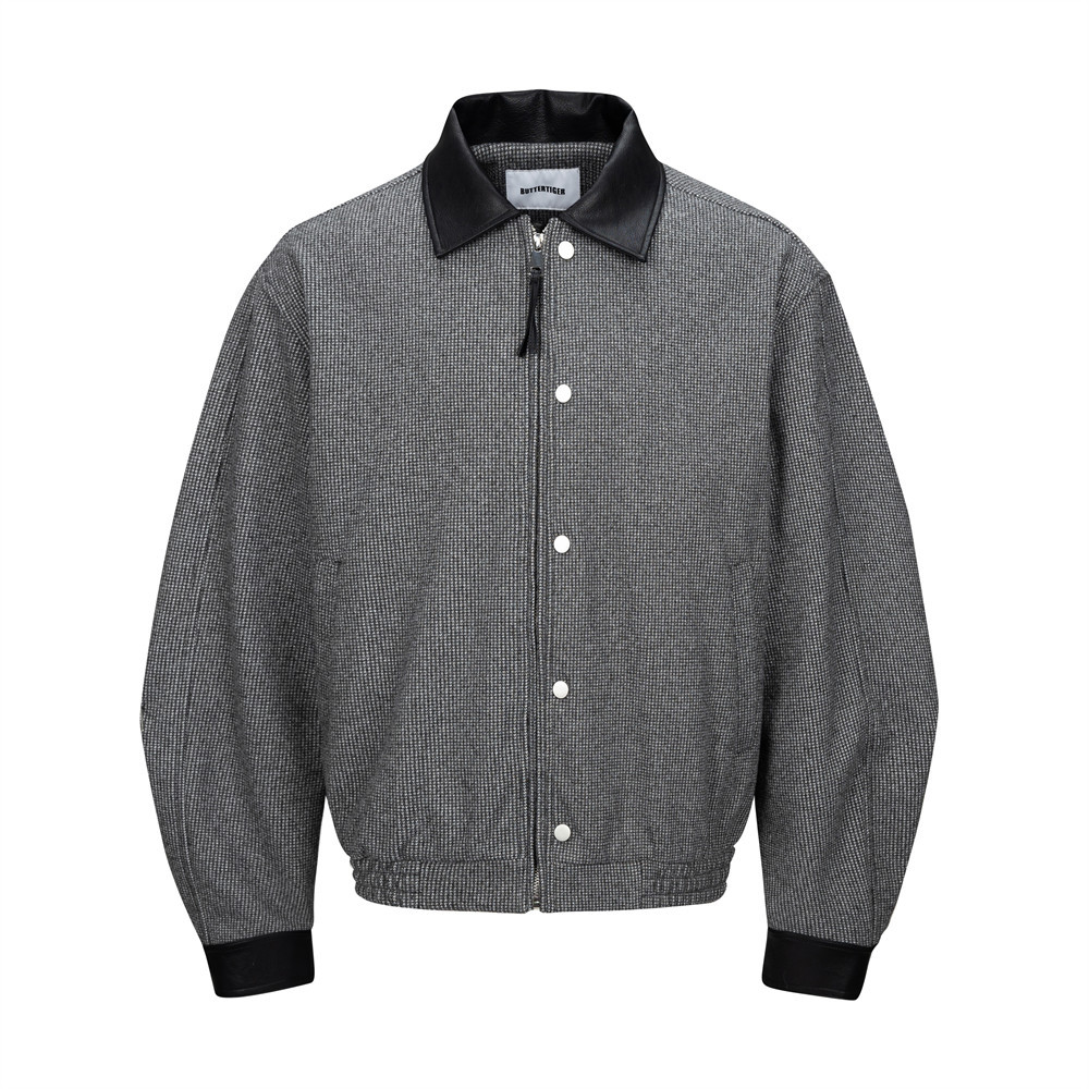 Men's Punk Style Houndstooth Color Block Long Sleeve Woolen Leather Patchwork Lapel Collar Pleated Oversized Jacket