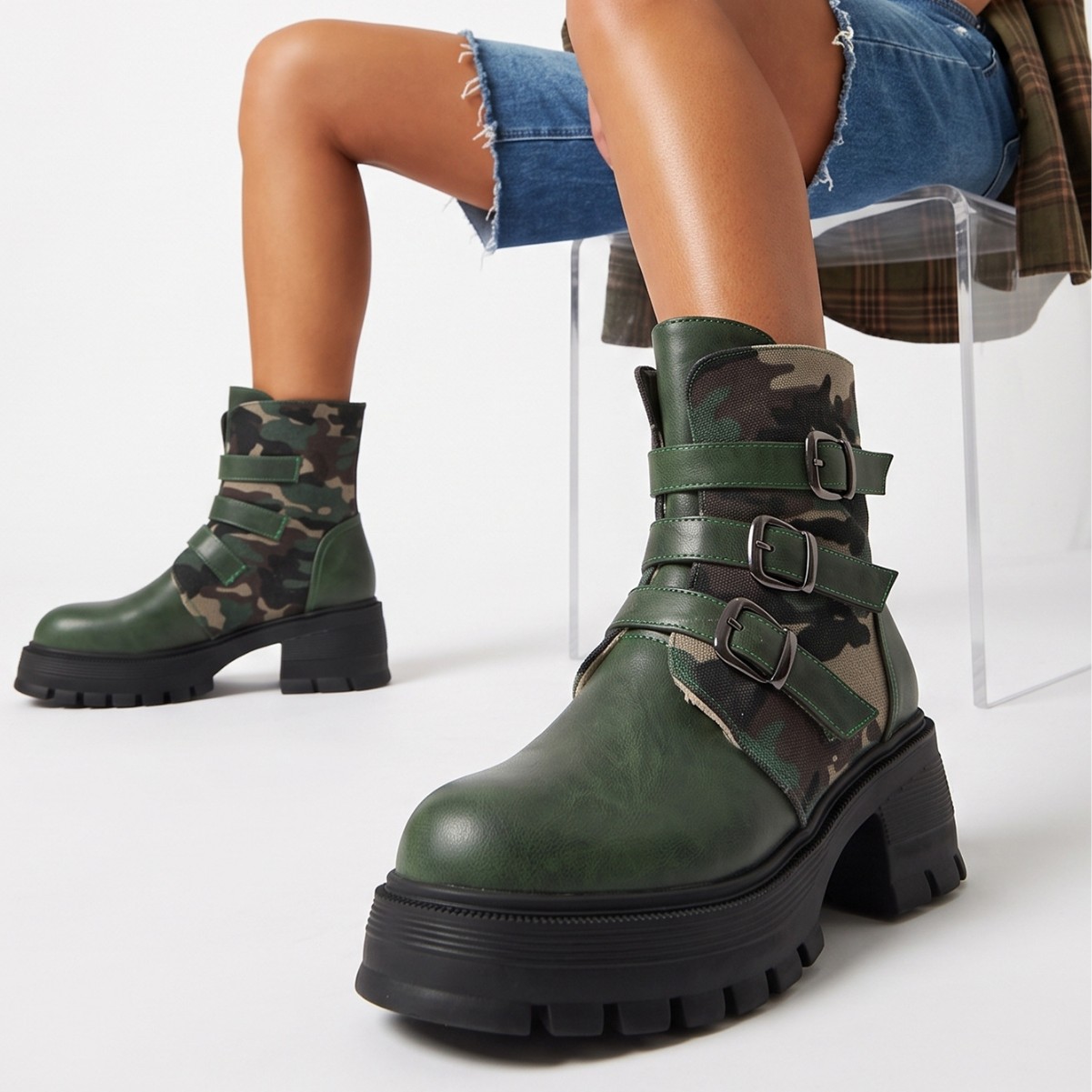 High Heel Thick Sole Belt Buckle Camouflage Low Cut Women's Boots Fashionable Large Made to order, ships in 7 days - Image 3
