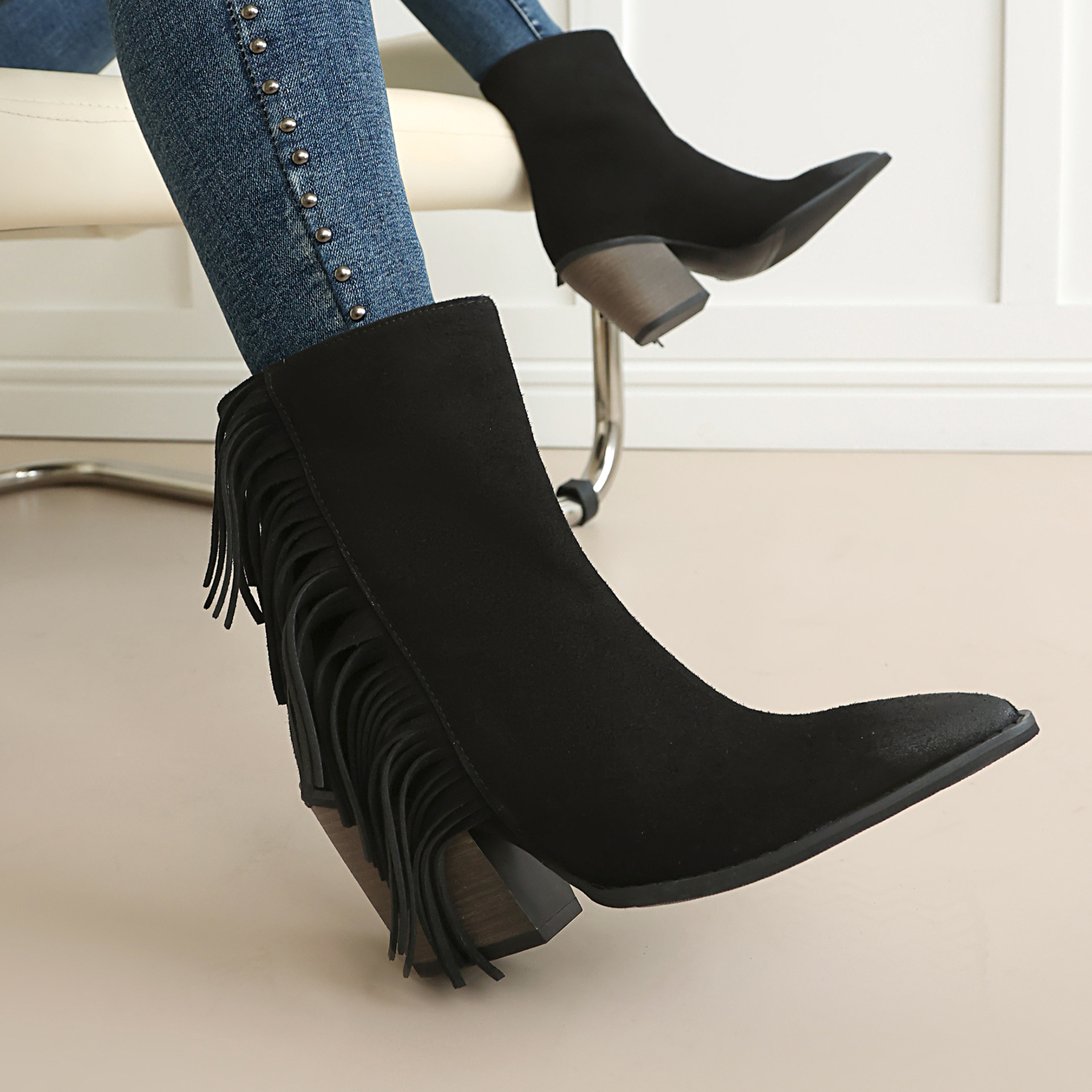Western Style Ankle Boots for Women, Pointed Toe with Tassel, Chunky High Heel Made to order, ships in 7 days - Image 4