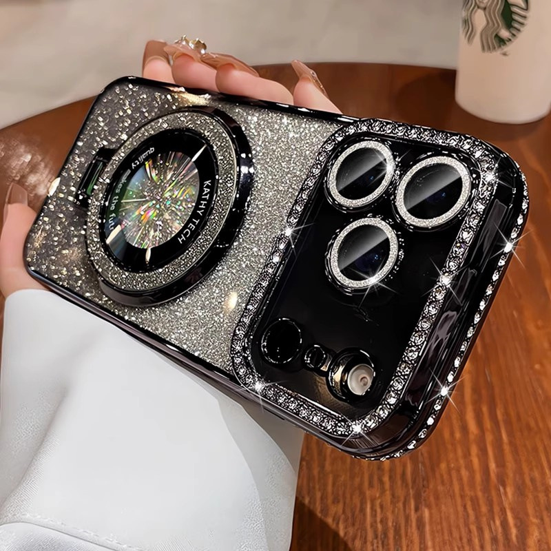 Crystal Glitter Magnetic Mount Bracket for iPhone 17 Pro Max Phone Case with Lens Film, Anti-drop Protection for Apple iPhone 16, 15 - Image 2