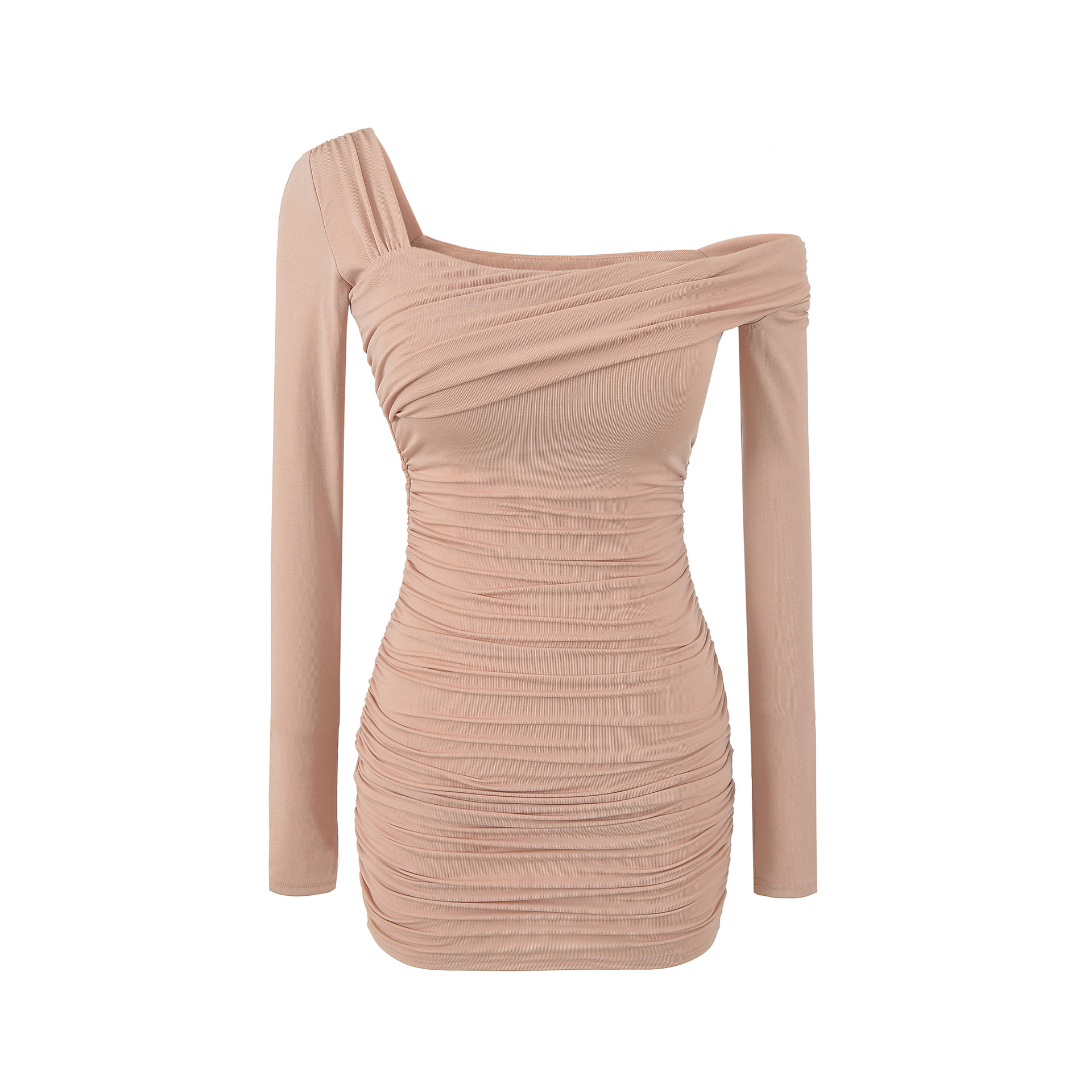 Ruched Off-Shoulder Long Sleeve Slim Fit Bodycon Short Dress