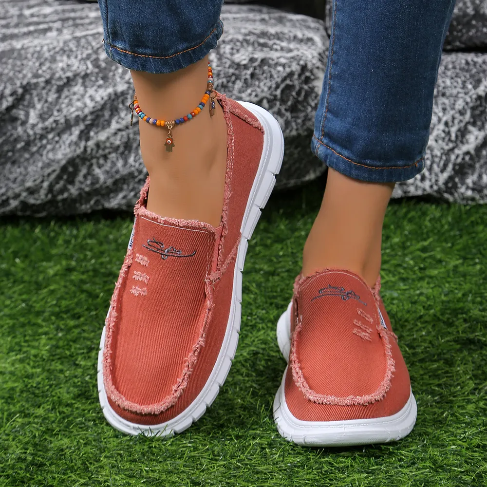 Raw Edge Round Toe Embroidery Flat Slip-Ons - Image 4