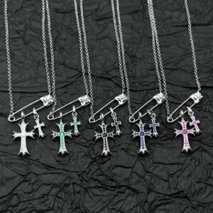 925 Silver Plated White Gold Rhinestone Pin Double Cross Pendant Necklace for Men and Women, European and American Style, Unique Design, High-End Look