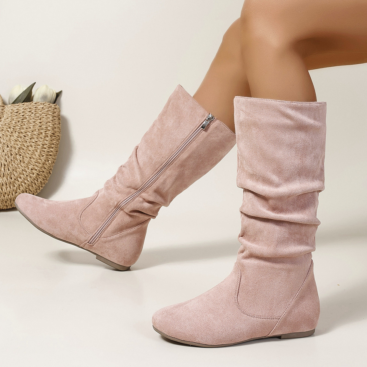 Casual Versatile Durable Comfortable Mid-Calf Boots Lightweight Pleated Side Zip Women's Leather Boots Flat Summer Boots - Image 6