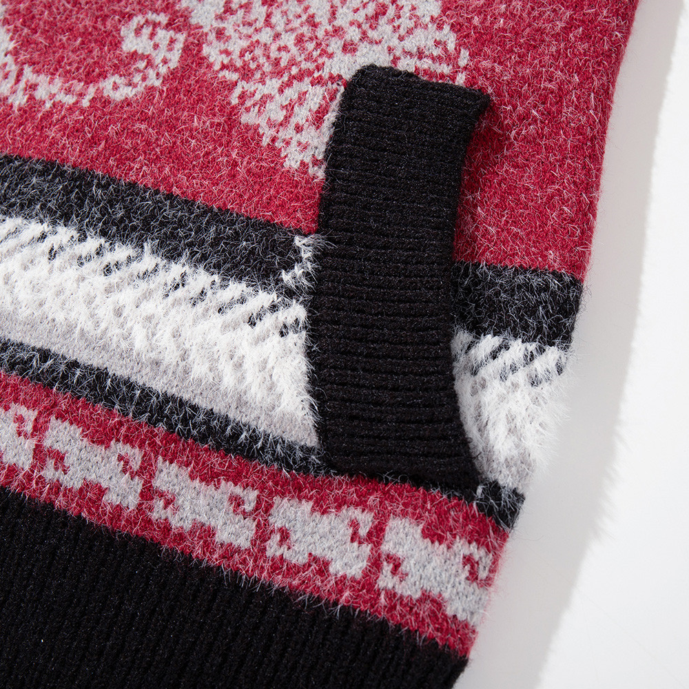 Men's Oversized Hooded Knit Cardigan Jacket with Fur Collar, Paisley Stripe Jacquard Pattern - Image 4