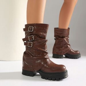Autumn and winter thick soled high-heeled low cut women's boots with punk style leg cuffs and boots