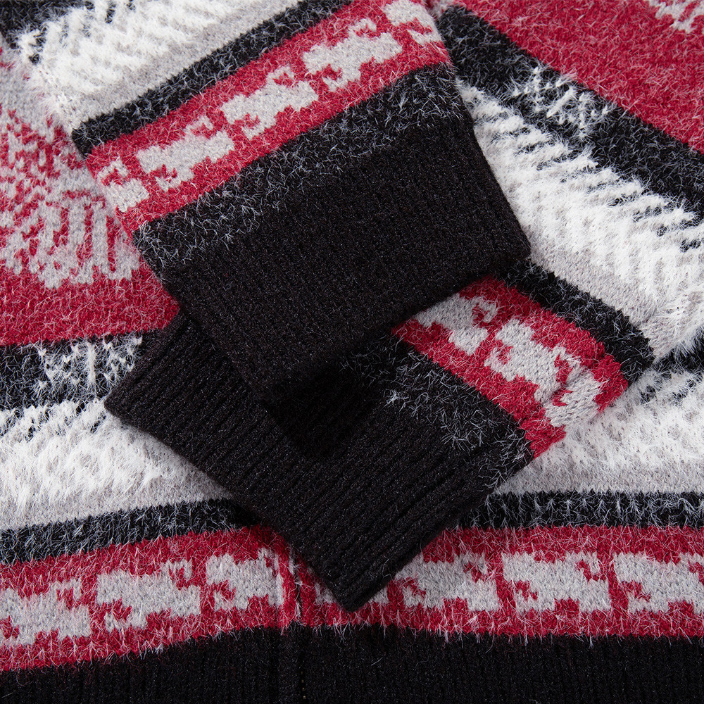 Men's Oversized Hooded Knit Cardigan Jacket with Fur Collar, Paisley Stripe Jacquard Pattern - Image 3