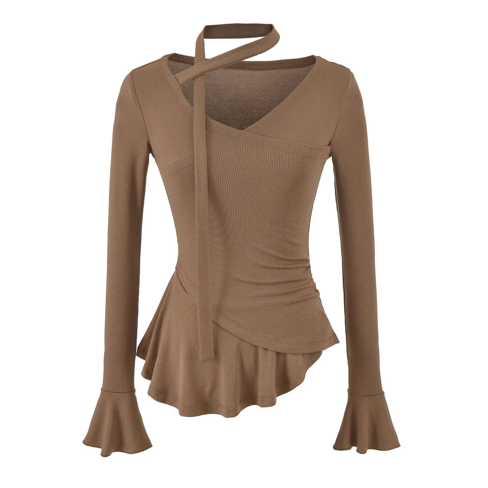Long Sleeve V-Neck Tie Flare Sleeve Ruched Waist Top - Image 4