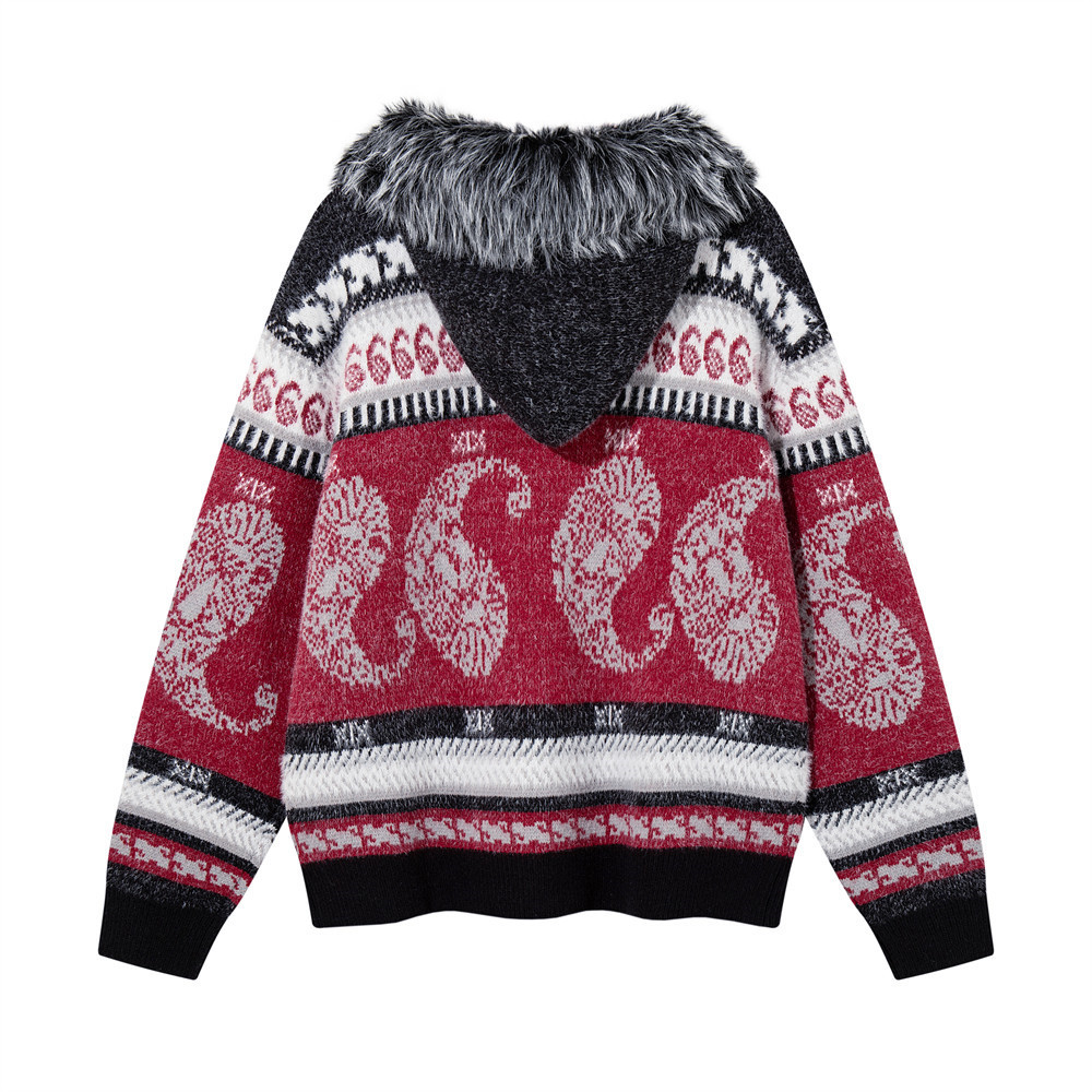 Men's Oversized Hooded Knit Cardigan Jacket with Fur Collar, Paisley Stripe Jacquard Pattern - Image 2