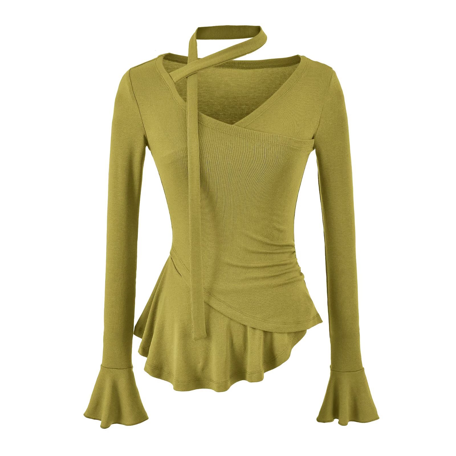 Long Sleeve V-Neck Tie Flare Sleeve Ruched Waist Top - Image 3