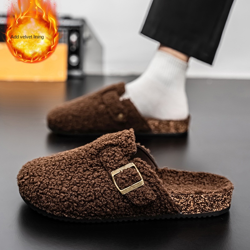Covered Toe Cotton Slippers Men's Winter Outdoor Wear Fleece Lined Warm Couples' Fuzzy Half Slippers Lazy Birkenstock-Style Couples' Slippers Women's - Image 5