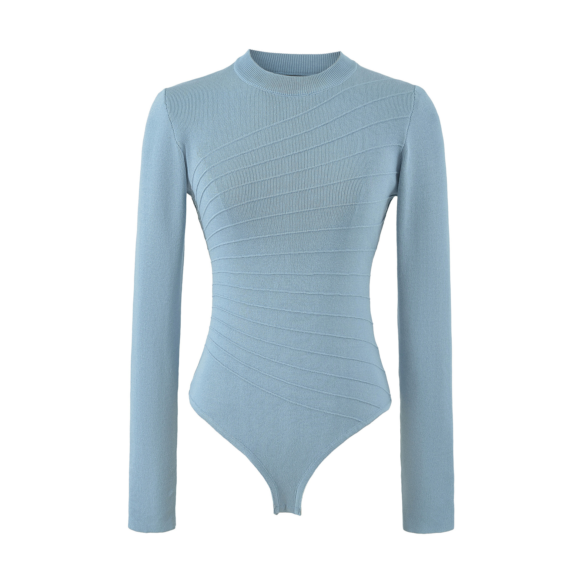 Herringbone Texture Long Sleeve Mock Neck Knit Bodysuit Women Slim Fit Base Layer - Image 3