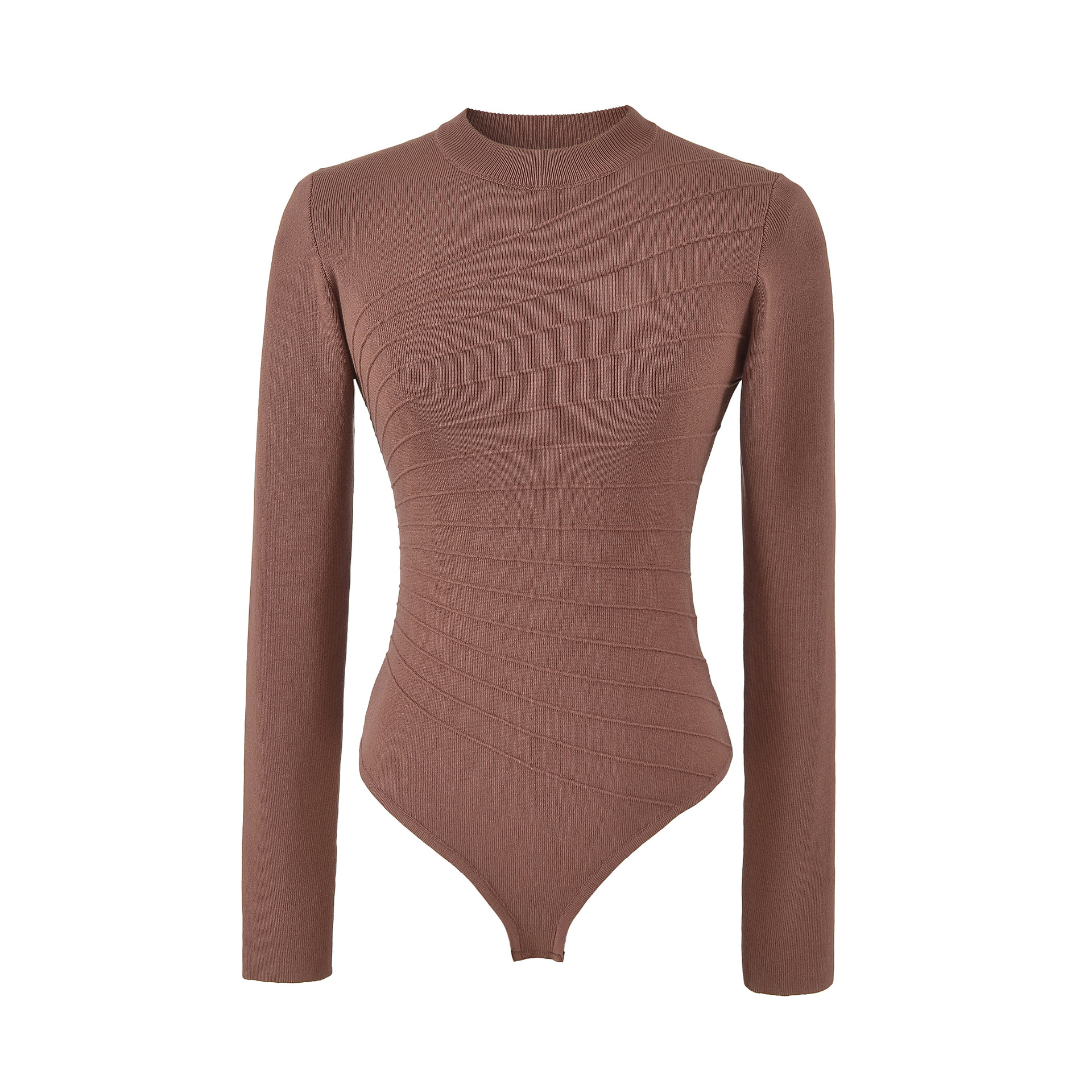 Herringbone Texture Long Sleeve Mock Neck Knit Bodysuit Women Slim Fit Base Layer - Image 6