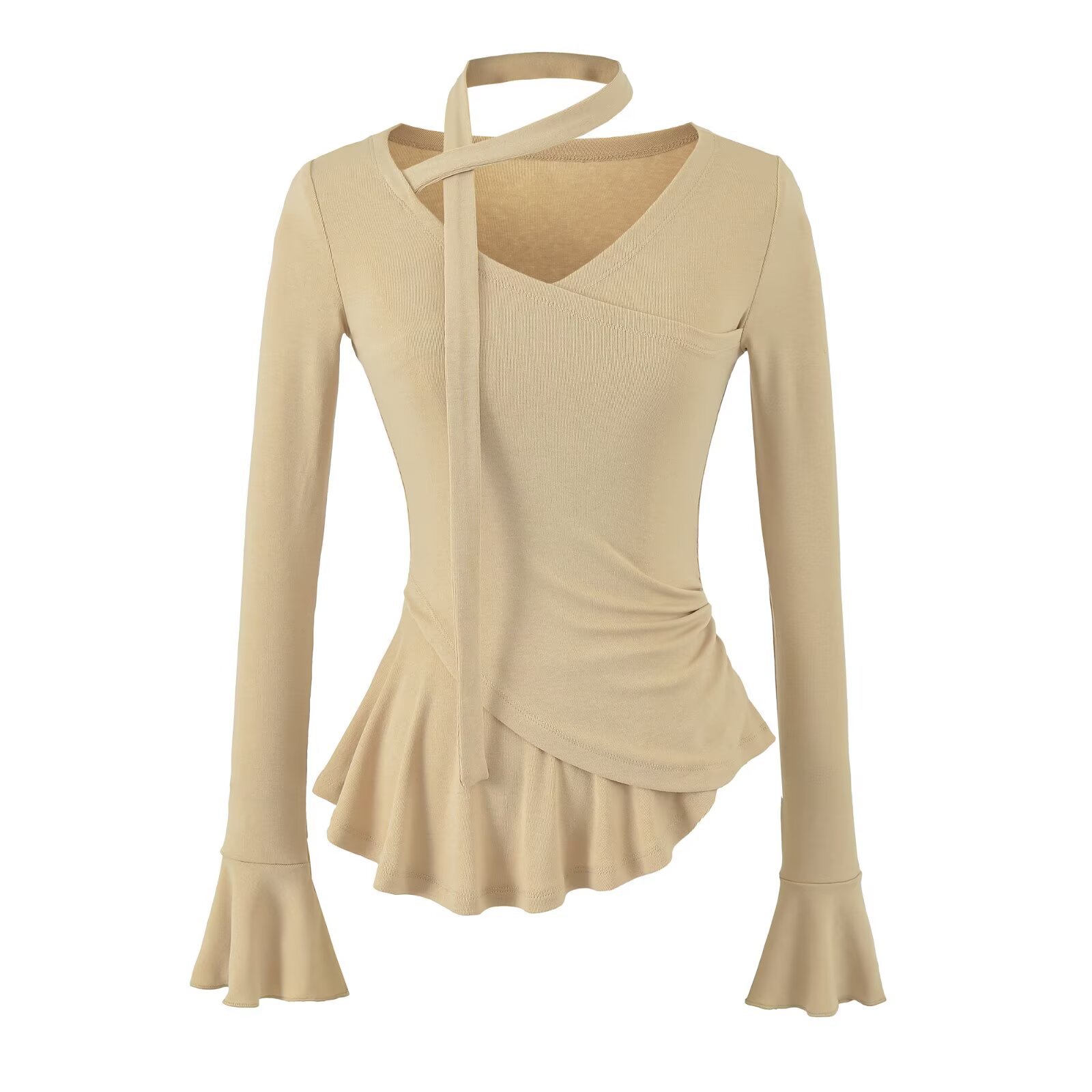Long Sleeve V-Neck Tie Flare Sleeve Ruched Waist Top - Image 6
