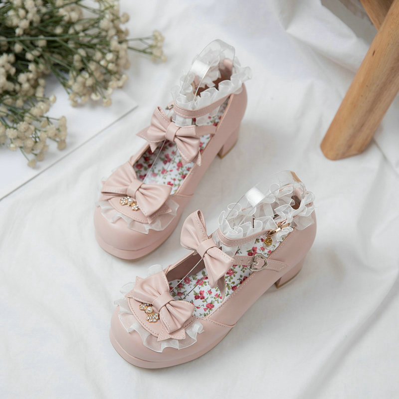 Lolita women's shoes bow shallow mouth cute girl round head with middle heel loli single shoes - Image 4