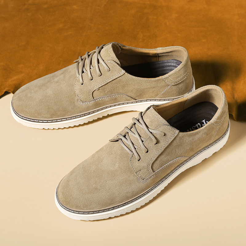 Men's Round Toe Leather Casual Shoes with Front Laces Work Boots Breathable Flat Heel Single Shoes Men's Shoes - Image 2