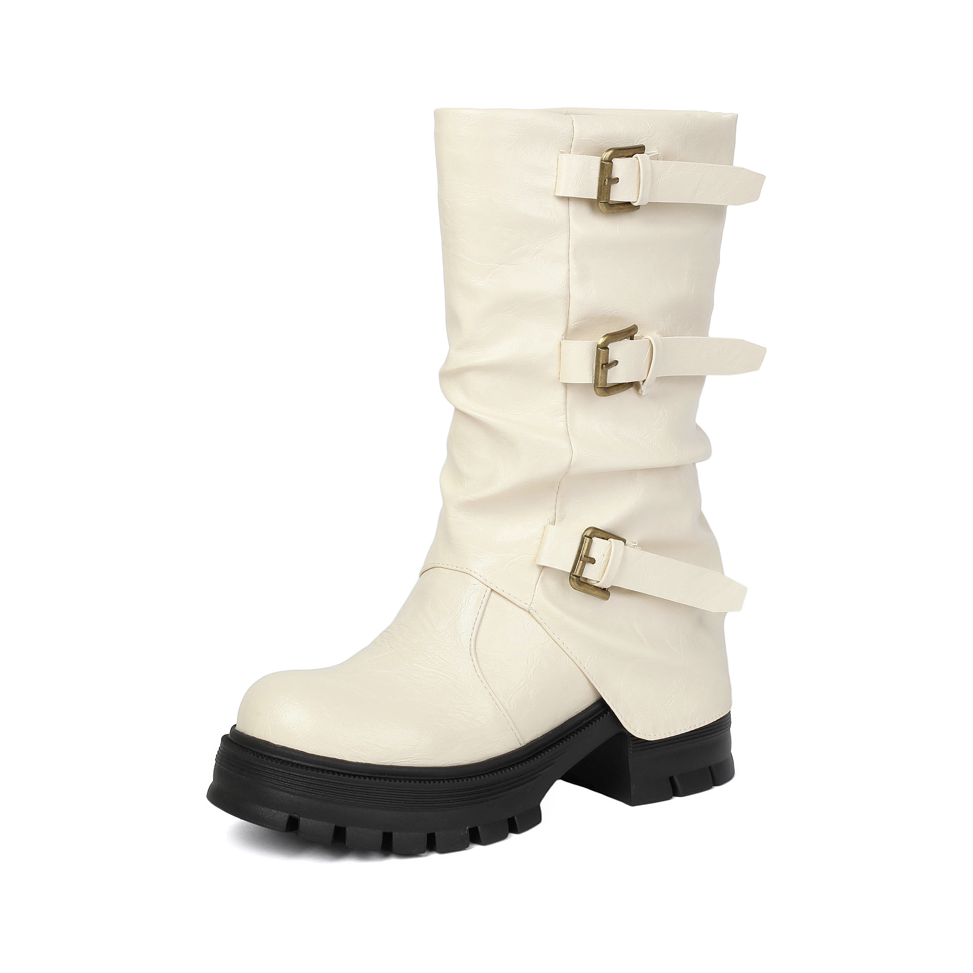 Thick Heel High Heel Women's Short Boots with Belt Buckle Slip-On Tube Boots - Image 6