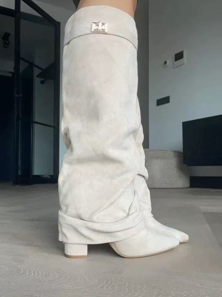 Pointed Toe Straight Tube Pleated Metal Buckle Mid-Calf Boots for Women, Chunky Heel Pipe Boots, Wide Size Available - Image 10