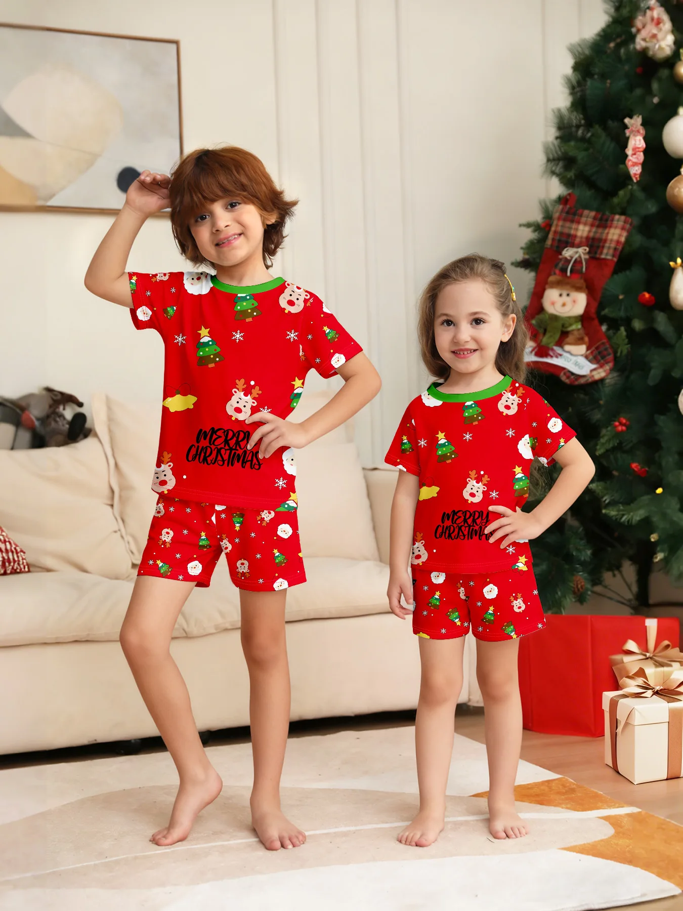 Allover Print Short Sleeve Christmas Pajamas Set Mother Father Kids Shorts Suit Sleepwear Baby Pet Romper Xmas Family Party Look - Image 2