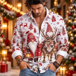 New men's shirt white background red Christmas elf reindeer snowflake tree gift printed slim Christmas shirt