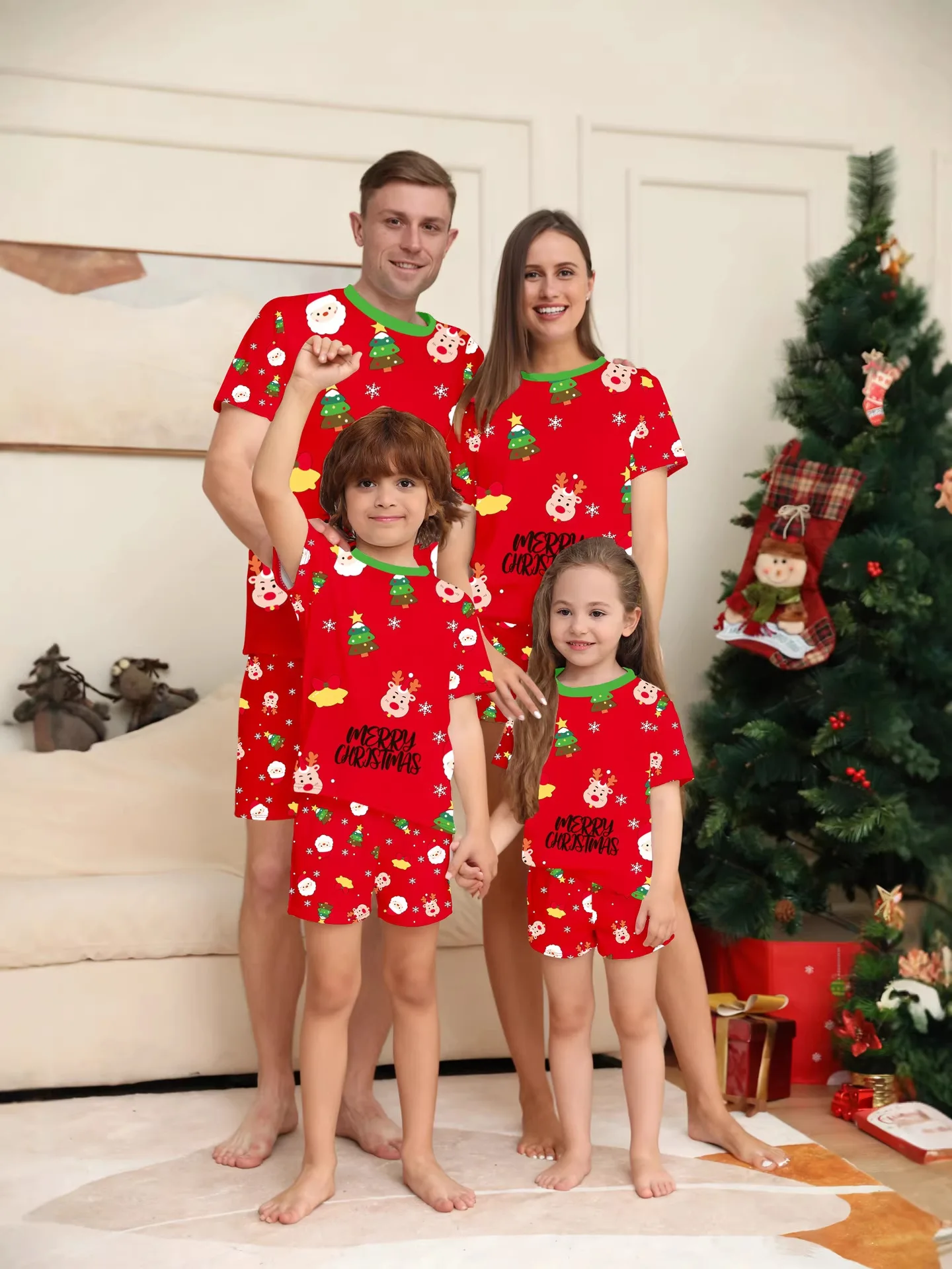 Allover Print Short Sleeve Christmas Pajamas Set Mother Father Kids Shorts Suit Sleepwear Baby Pet Romper Xmas Family Party Look
