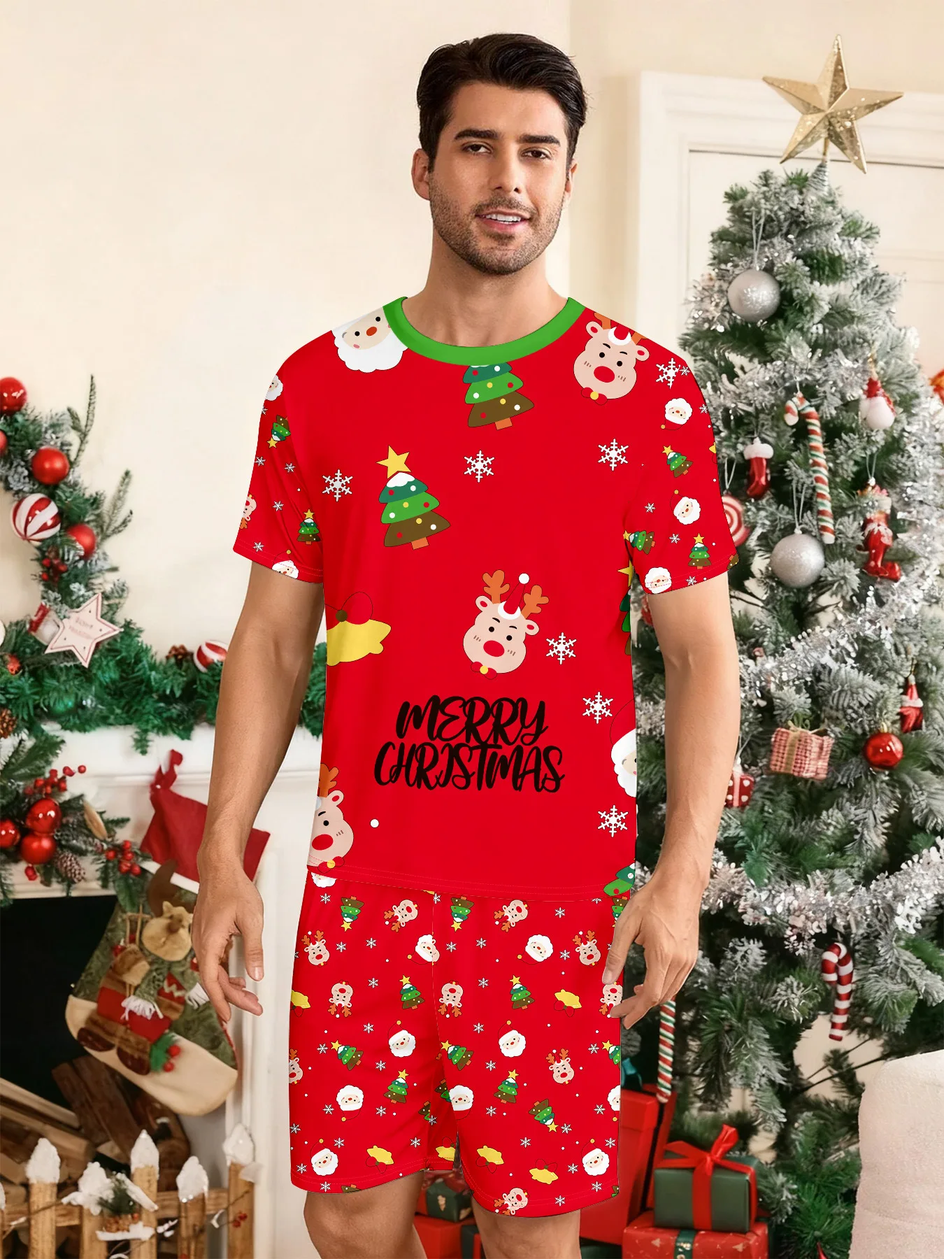 Allover Print Short Sleeve Christmas Pajamas Set Mother Father Kids Shorts Suit Sleepwear Baby Pet Romper Xmas Family Party Look - Image 4